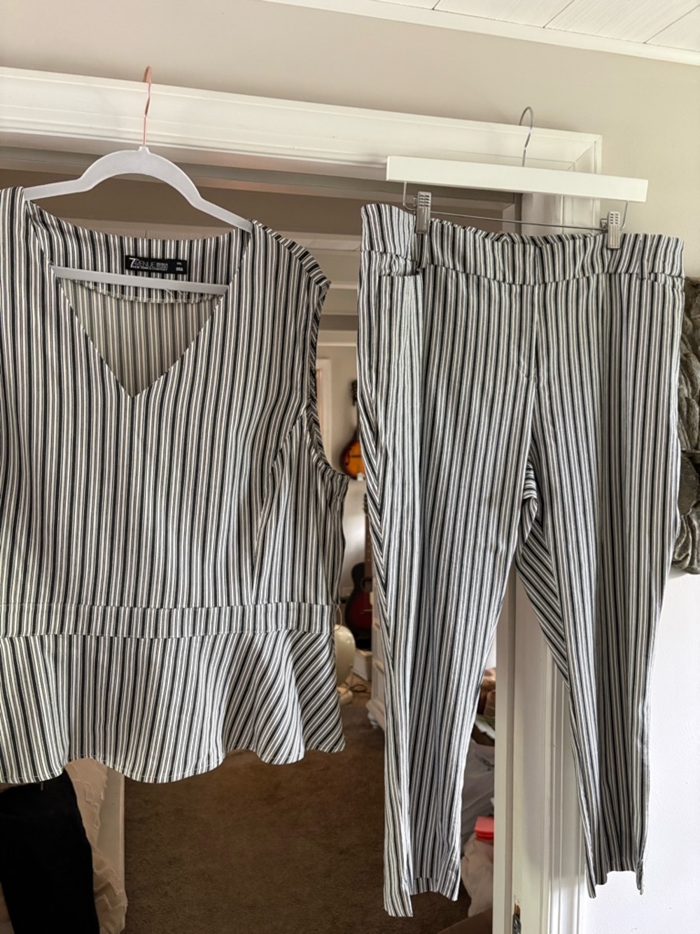 Black and White Vertical Stripe Skinny Pants and Matching Top.